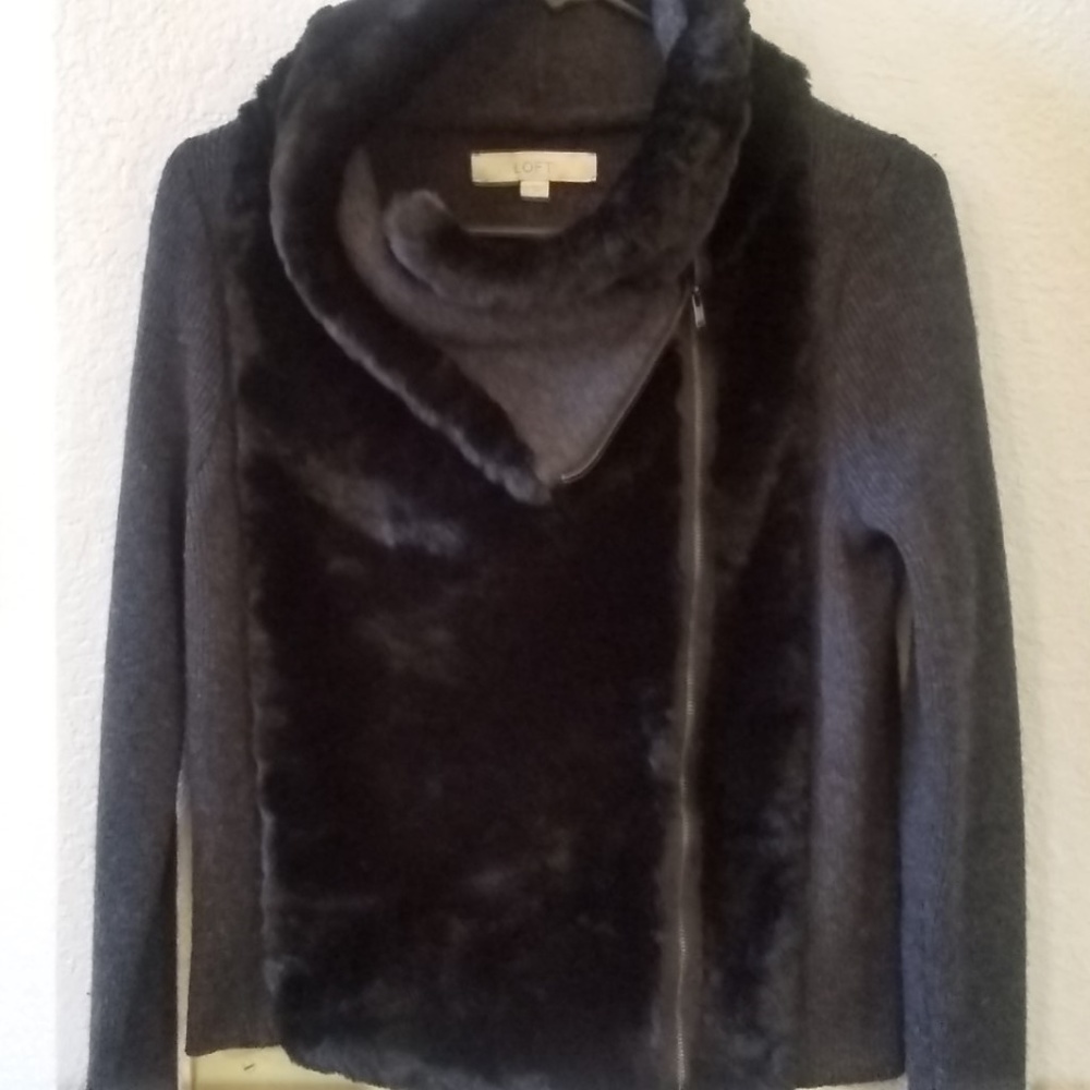 LOFT Grey zip up faux fur sweater